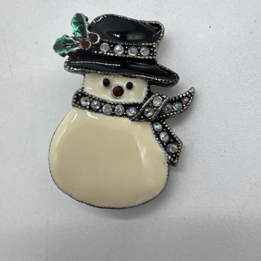 Vintage Tanya Creations TC Snowman Brooch Rhinestone Enamel Christmas Pin 1.5"